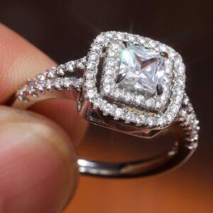 😍PRINCESS CUT 14K WHITE GOLD PURE CZ SQUARE BEAUTIFUL LUXURY WEDDING RING, K904